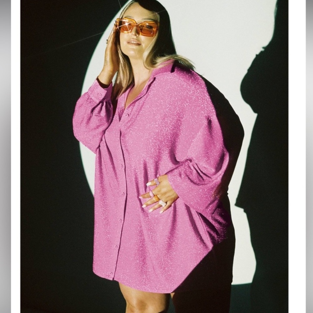 Princess Polly Evolving Long Drop Shoulder Shimmery Button Up Shirt Dress Pink